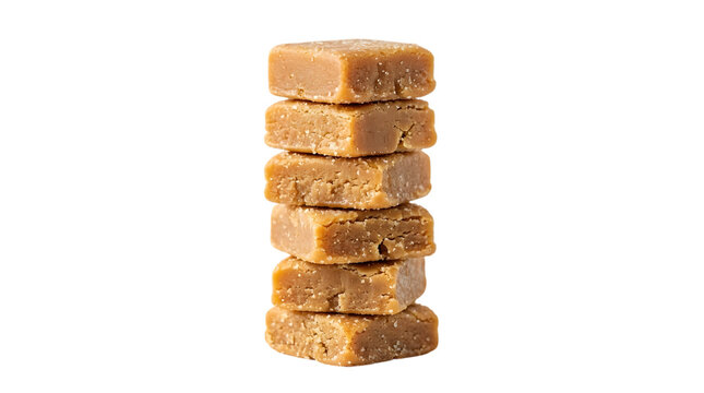 Homemade caramel fudge cubes stacked in a vertical tower, soft buttery toffee pieces on white background, traditional sweet confectionery treats