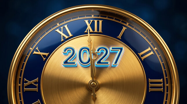 Golden clock face displaying futuristic year 2027 with digital overlay
