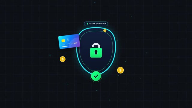 Secure online payment concept with a glowing padlock, credit card, and protective shield, symbolizing digital transaction safety and data protection
