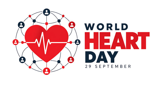 World heart day concept with a red heart icon, heartbeat line, and global network of people isolated on white background, world heart day 2026, heart day 2026, heart day