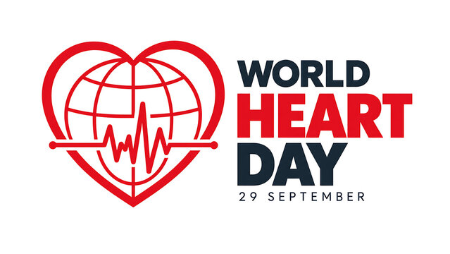 World heart day logo with red heart shape, globe and heartbeat line isolated on white background, world heart day 2026, heart day 2026, heart day