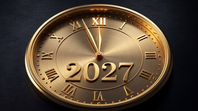 Golden clock with roman numerals displaying year 2027 on dark reflective surface