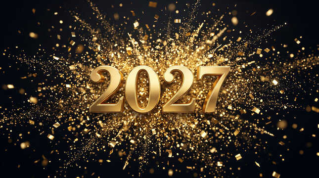 Golden confetti explosion forming year 2027 in festive celebration design with sparkle effects