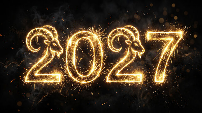 Golden firework spark effect forming the year 2027 in dark space background