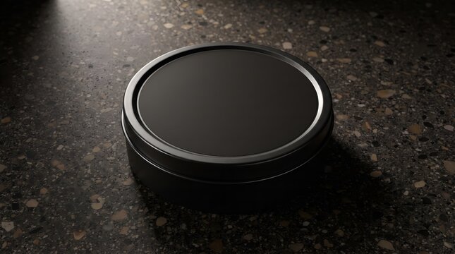 Blank matte black round tin jar mockup on dark speckled granite countertop, cosmetic pomade balm container display