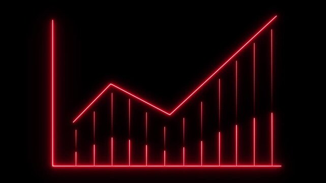 Growth chart animation glows with red neon bars on black. Corporate business revenue success tracks on the growth chart. Profitable economic market expansion drives this growth chart.