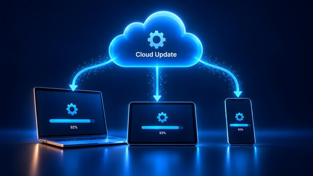 Futuristic cloud computing network distributing synchronized software updates across multiple digital devices simultaneously with glowing progress bars