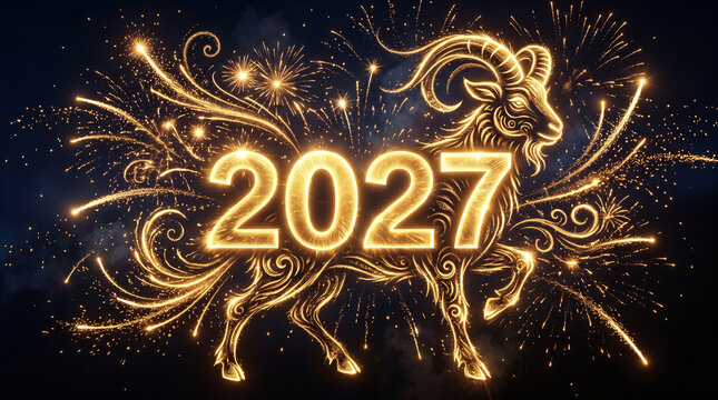 Golden firework trails forming 2027 with ram zodiac symbol in dark studio background