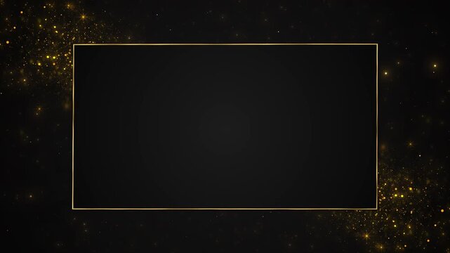 Golden rectangle frames while glitter particles gather around the corners. award titles, wedding invitations, luxury branding, certificates, product reveals, anniversary messages, elegant event