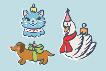 Naklejka premium Set of cute retro Christmas tree ornaments. Hand drawn vector illustration. Funny glass baubles isolated. Naive holiday childish design. Elements for kids poster, xmas card, social media banner.