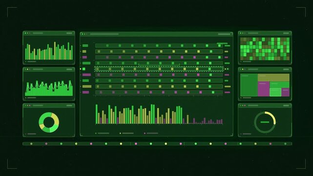 Abstract animated render farm distributing frame jobs drawn as green and teal lines and shapes on a deep dark background. Seamless looping 4K motion graphics video with free space for text, ideal for 