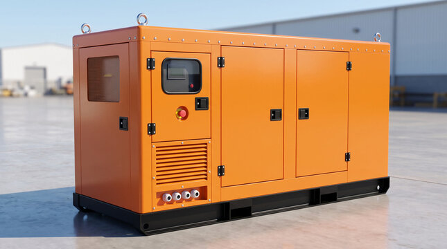 Bright orange enclosed diesel generator set with control panel stands outdoors near an industrial building