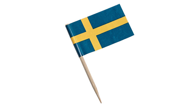 National flag of Sweden with wooden stick isolated on transparent background.