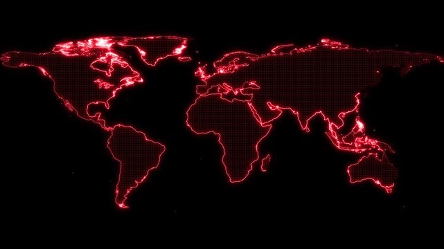 World map animation glows with red digital continental nodes. International cyber threat telemetry routes on the world map. Global security monitoring systems track on this world map.