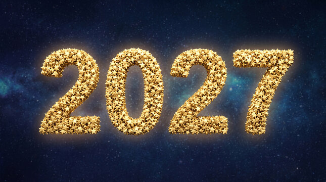 Golden glitter stars spelling year 2027 in futuristic cosmic background for new year marketing