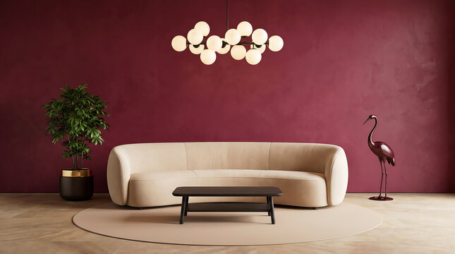 Modern Minimalist Living Room Interior with Curved Boucle Sofa. Elegant Deep Red Limewash Wall with Opal Globe Chandelier and Japanese Aralia.