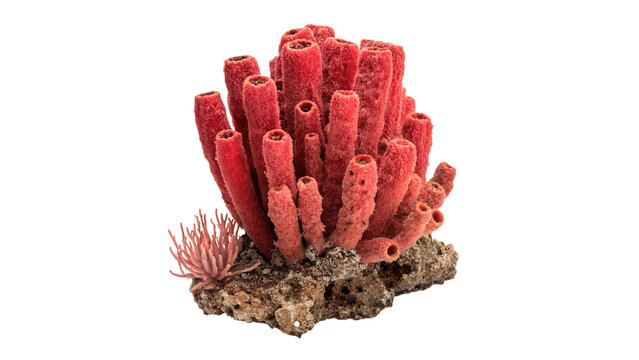 Natural red sea sponge coral branch decoration isolated on transparent background.