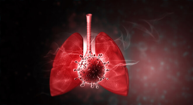 Human lungs anatomy with airborne virus cells over an abstract scientific research background.