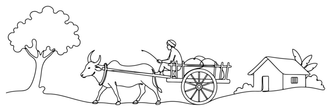 Indian farmer riding bullock cart in rural village landscape in continuous line art style