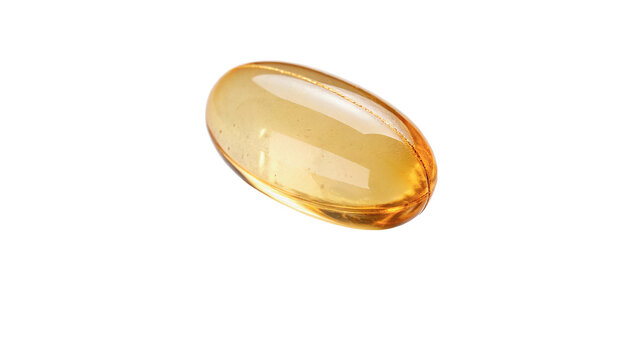 Single yellow translucent omega-3 fish oil capsule gel isolated on transparent background.