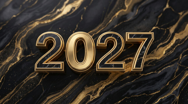 Gold-embossed 2027 year number on dark marble background for luxury branding and event design