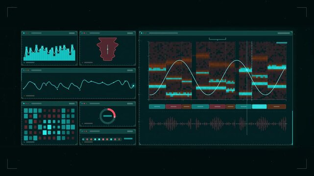 Abstract animated speech spectrogram segmenting phoneme boundaries drawn as cyan and teal lines and shapes on a deep dark background. Seamless looping 4K motion graphics video with free space for text