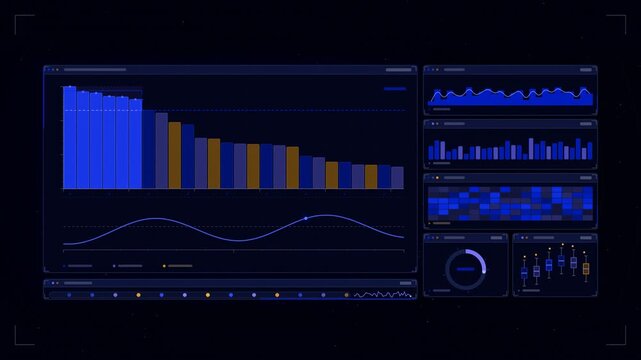 Abstract animated auction bids clearing at price drawn as blue and cyan lines and shapes on a deep dark background. Seamless looping 4K motion graphics video with free space for text, ideal for dashbo