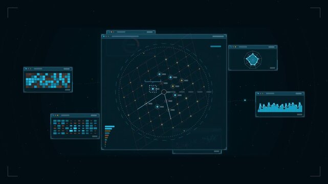 Abstract animated diffraction spots indexing crystal lattice drawn as cyan and teal lines and shapes on a deep dark background. Seamless looping 4K motion graphics video with free space for text, idea