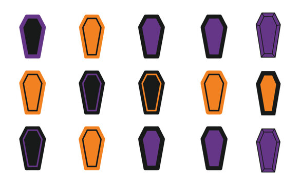 Set of halloween coffins in purple orange and black colors halloween icon seasonal