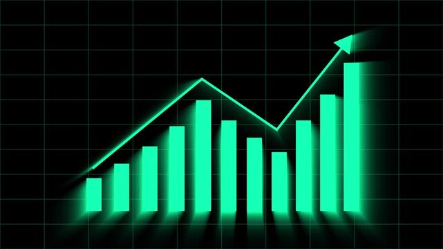 Growth chart animation rises with an upward arrow on dark space. Corporate business revenue metrics update on the growth chart. Profitable economic market data drives this active growth chart.