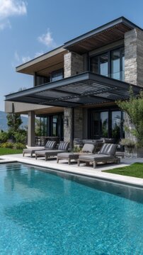 Luxurious modern home with pool on a sunny day