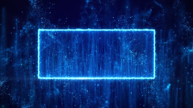 Bright blue rectangle glows amid particles trails, leaving clear copy space. technology titles, cyber interfaces, product demos, logo reveals, gaming graphics, virtual events, futuristic backgrounds.