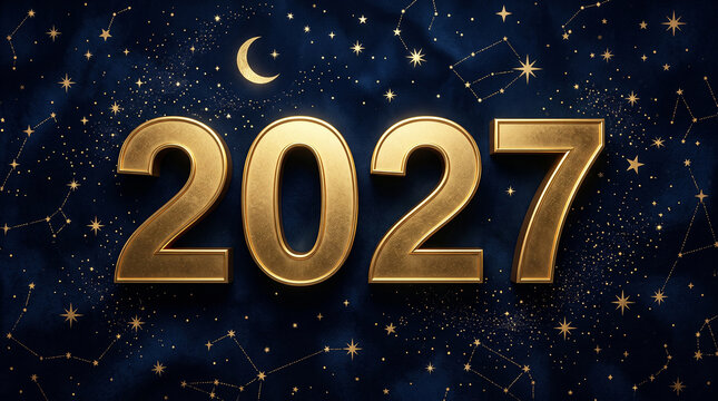 Golden 2027 number design with cosmic starry background for futuristic branding