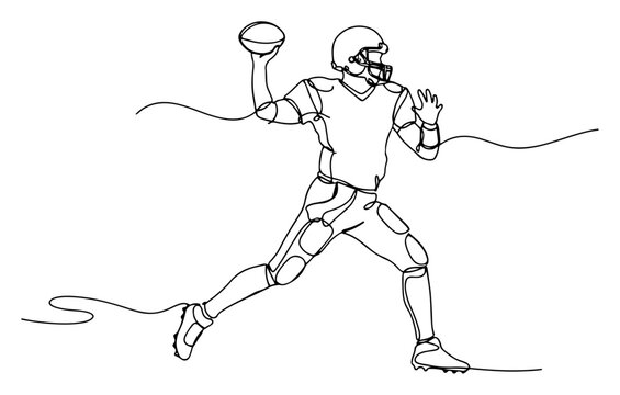 American football quarterback throwing ball during match in continuous line art style