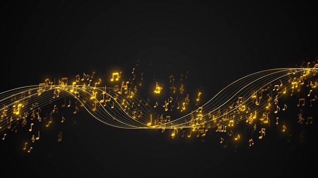 Glowing golden notes travel musical staff waves field. concert openings, music videos, audio visualizers, festival promos, award shows, orchestra performances, podcasts, and entertainment graphics.