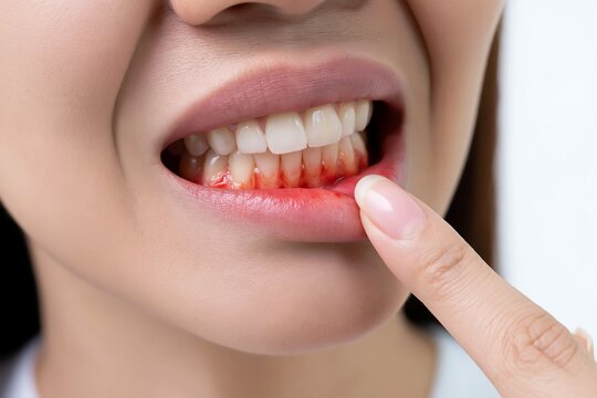 Close up of a woman showing red and bleeding gums, oral health concept for gingivitis, periodontal disease awareness, dental care and dentist education