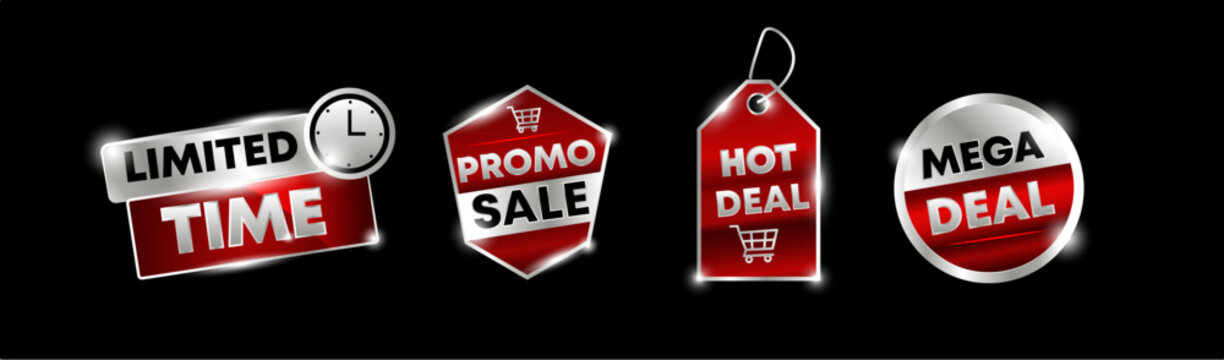 Set of 4 realistic metallic price stickers rectangle shield tag circle shapes on black background vector