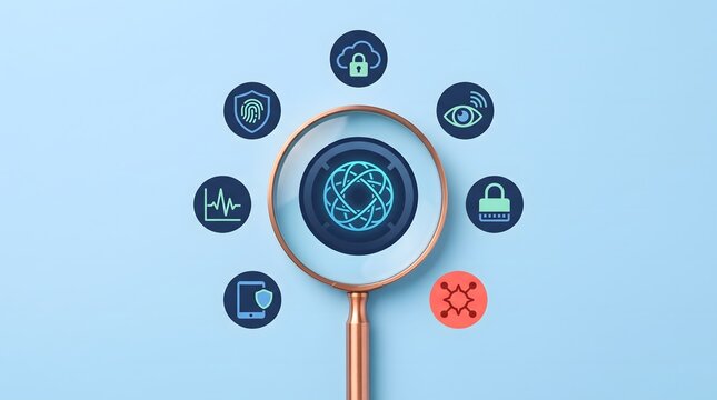 Cyber security and data protection concept photo. Magnifying glass with digital network node surrounded by security icons on blue background