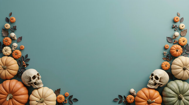 Halloween pumpkins and skulls border on teal background