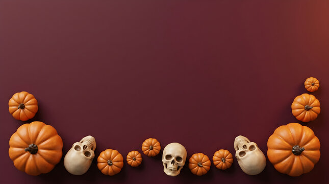 Halloween pumpkins ghosts and skulls on burgundy background
