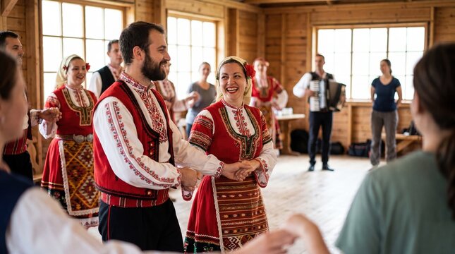 Couple dancing in traditional Bulgarian folk dance in a wooden hall