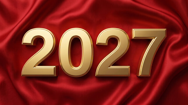Gold-embossed 2027 number on rich red silk fabric for event branding and timeline design