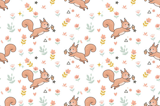 Cute cartoon jumping squirrel with acorn vector seamless pattern for nursery. Playful red squirrel with flowers and leaves repeat background for kids.
