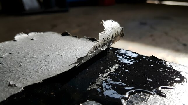A close up view of a thick layer of black tar being applied to a concrete surface