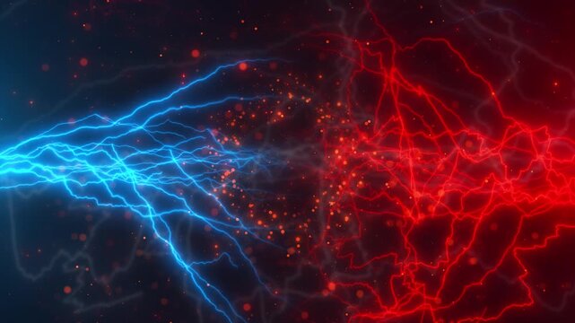 Intense lightning streams surge toward sparks scatter dark space. versus screens, sports competition, gaming battles, conflict themes, power clashes, action trailers, dramatic cinematic transitions.