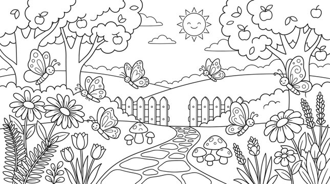 coloring page for kids with butterflies, flowers, trees, and a stone path