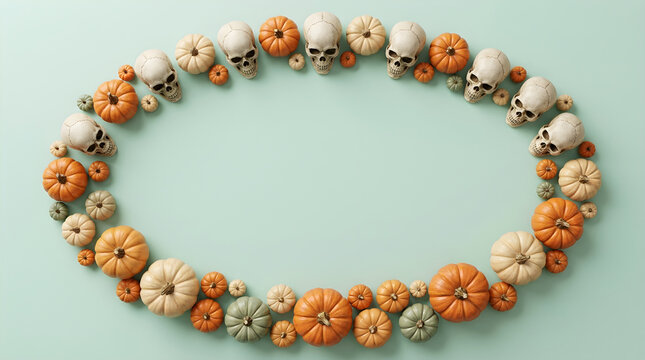 Colorful variety of pumpkins arranged in oval frame layout