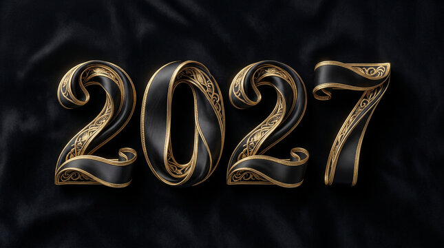 Glossy gold foil ribbon text displaying the year 2027 on dark velvet background for event branding