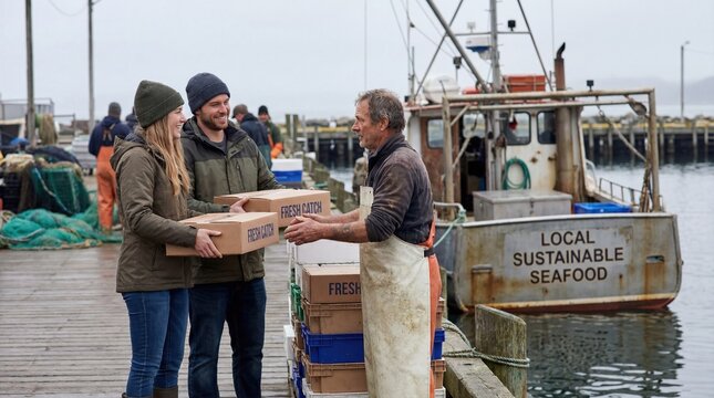Couple receiving fresh seafood from fisherman at community supported fishery dock
