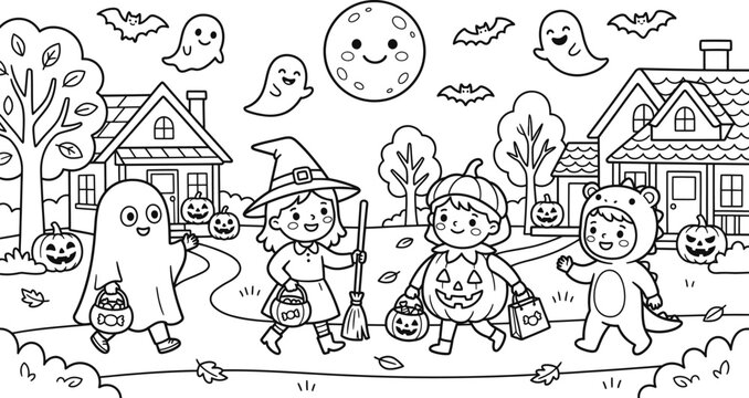 Coloring page cute kids in halloween costumes trick or treating in a spooky neighborhood